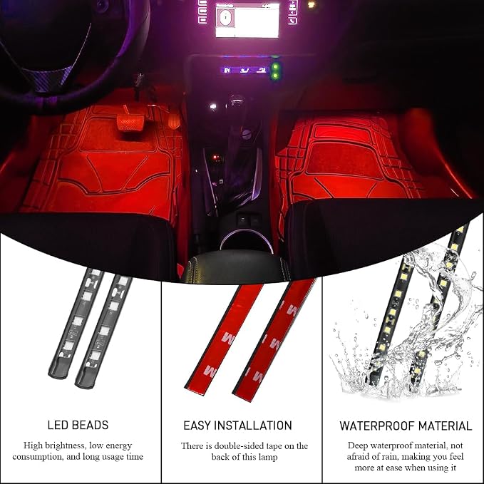 Car LED Strip Light, Car Interior Lights, 12V 24 LED Auto Under Dash Atmosphere Lights with USB Port, Auto Atmosphere Under Dash Lighting Kit for Vehicles (Red, USB)