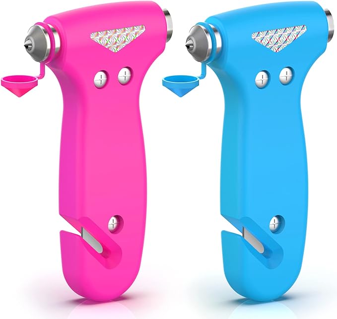 THINKWORK Window Breaker - Pink-Blue Car Safety Hammer Gift for Lady and Men, Three-in-One Emergency Escape Tool with Seat Belt Cutter, Safety Emergency Car Escape Tool for Family, Women, Children