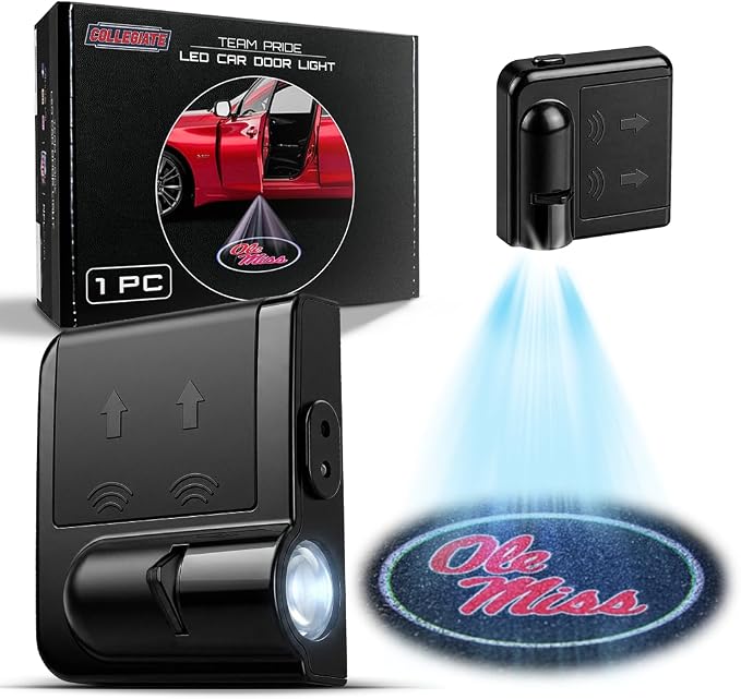 Sporticulture American Football Ole Miss Car Door Lights Logo Shadow Display - Officially Licensed NCAA Car Accessories - Show Your Team Pride - Battery Powered, Universal Fit