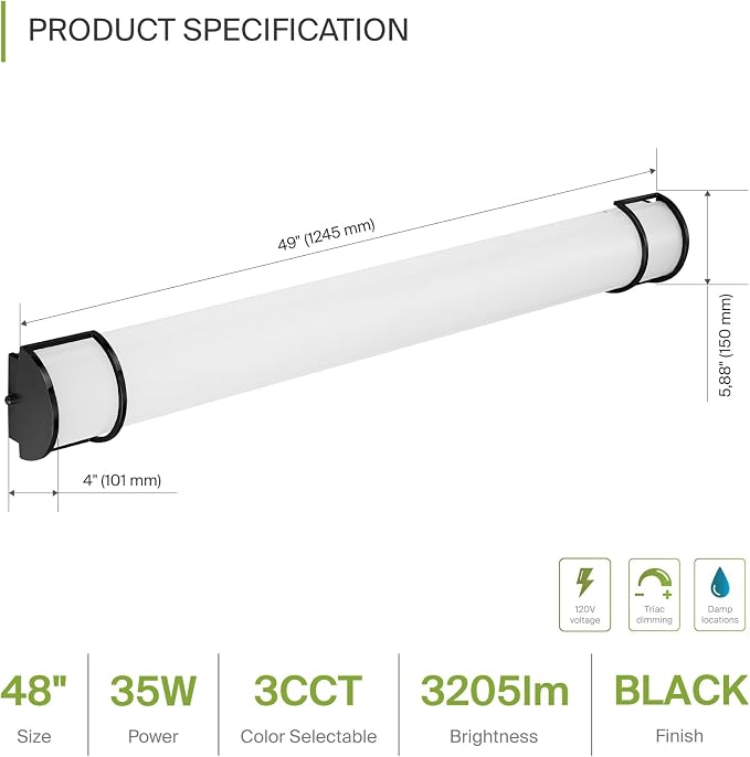 ASD LED 48" Vanity Flush Mount Light Fixture, Linear Bathroom Lighting Bar | 3CCT, Dimmable, Energy Star, ETL Listed | 35W 3200LM 3000-5000K 120V | Long Tube Bath Wall Sconce Over Mirror | Black