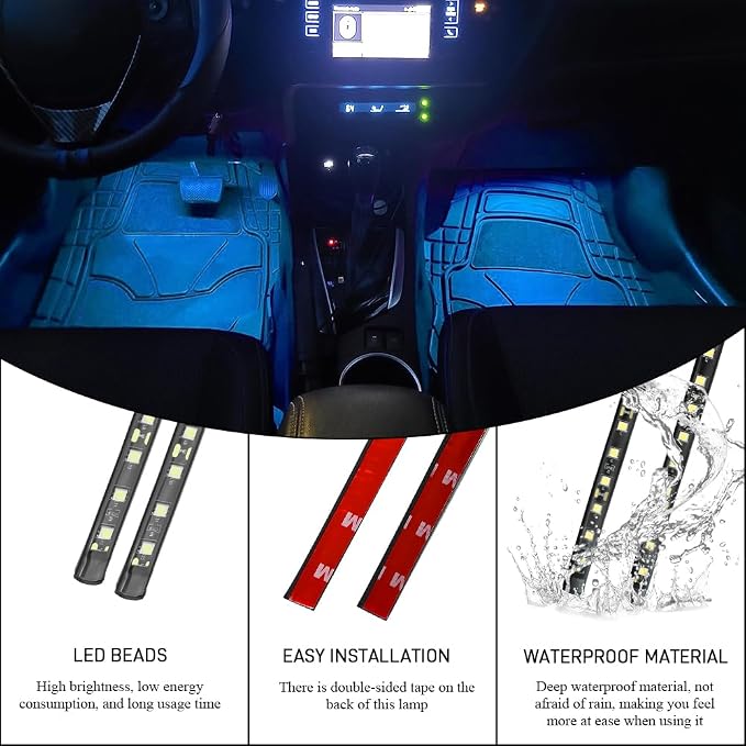 Car LED Strip Light, Car Interior Lights, 12V 24 LED Auto Under Dash Atmosphere Lights with USB Port, Auto Atmosphere Under Dash Lighting Kit for Vehicles (Ice Blue, USB)