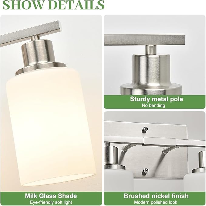 MOKATNG 4-Light Vanity Light with Milky White Shades, Brushed Nickel Bathroom Lighting Fixtures Over Mirror, Modern Bathroom Wall Lamp for Mirror Living Room Cabinet Bedroom