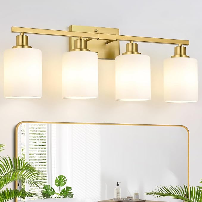 MOKATNG 4-Light Bathroom Light Fixtures, Brushed Gold Vanity Light with Milky White Shades, Bathroom Lighting Fixtures Over Mirror, Modern Bathroom Wall Lamp for Mirror Living Room Cabinet Bedroom