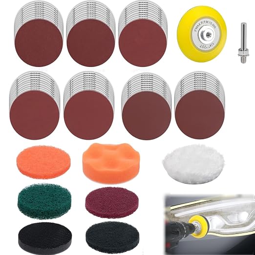 78 PCS Car Headlight Restoration Kit,3inch Headlight Restoration Kit,Hook and Loop Sandpaper Buffing Pads with Rotary Tools Universal for All Type of Car Headlights