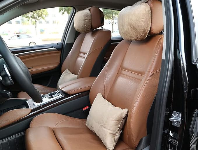 2Pcs Car Neck Pillows for headrests,for Travel Interior Accessories and Suede Support Head Pillows,Balance Neck Pillow Designed to Relieve Neck Pain and Muscle Tension.(Beige)