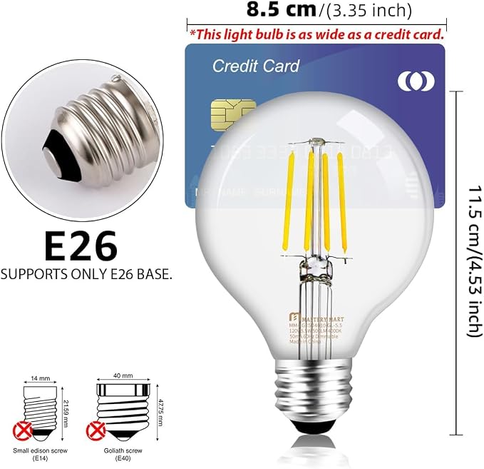 MASTERY MART G25 Globe Light Bulbs, Dimmable, E26 Base, 60W Equivalent, 2700K Soft White, Vintage Filament for Bathroom Mirror, 5.5W LED, UL Listed, Energy Star, 6-Pack