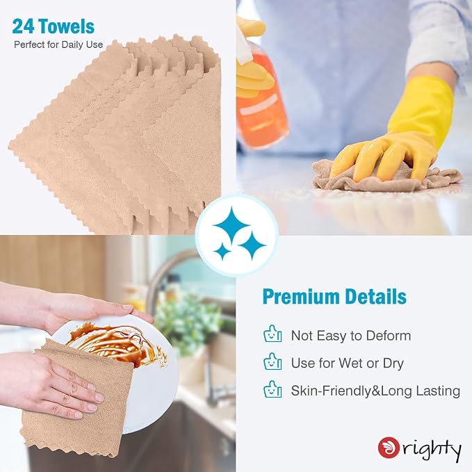 Orighty Microfiber Cleaning Cloth, 24 Pack Highly Absorbent Cleaning Supplies, Reusable Clean Rags for House, Microfiber Cloth for Kitchen, Window, Car Care, 11.5x11.5 inch Brown