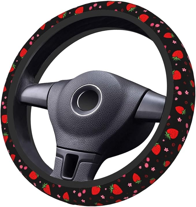 Cherry Strawberry Neoprene Steering Wheel Cover for Men Women Anti-Slip Elastic Steering Wheel Protective Cover 15in Universal Car Accessories Fit Cars, SUVs, Auto