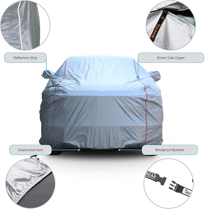 Tecoom Truck Car Cover Waterproof, Windproof UV-Proof Zipper Design with Straps Buckle, Fit for Ford F150 Ram 1500 Chevy Silverado Toyota Tundra GMC Sierra, Full Size Length Up to 212"