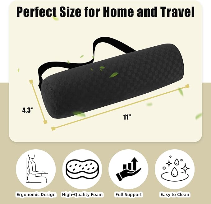 Coeyese Lumbar Roll Pillow for Lower Back Support, Black, Short-11 * 4.3'' | Removable Pillowcase, Upgraded Adjustable Strap, Suitable for Office, Chair, Car, Seat Pain Relief & Improving Posture