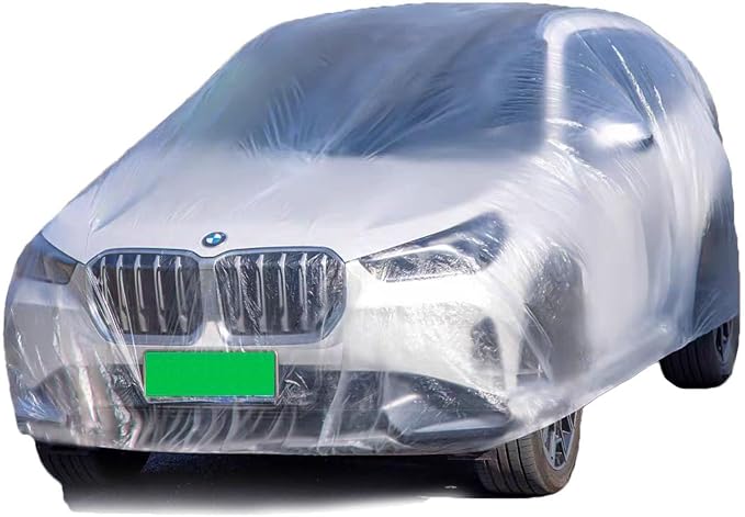 Car Essential Universal Disposable Clear Plastic Car Cover Suitable for SUV Sedan (Membrane Size:11.8ft x 21ft) with Elastic Band for Outdoor Snow Rain Weather,Individually Packaged, Super Convenient