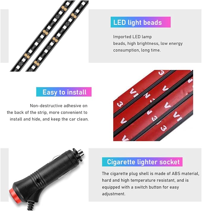Ohleats Car LED Strip Light, 48 LED RGB Auto Interior Atmosphere Lights, Cigarette Lighter Under Dash Ambient Night Light, Interior Lamp Lighting Kit (Blue, Cigarette Lighter)