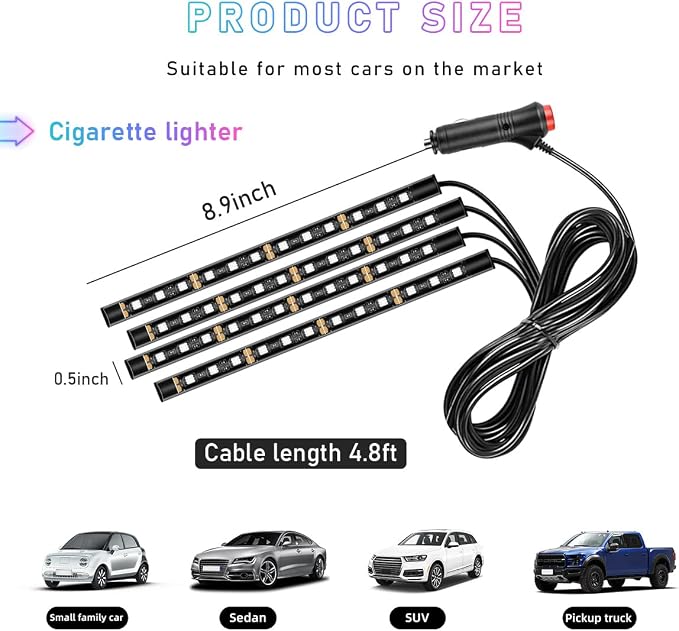 Ohleats Car LED Strip Light, 48 LED RGB Auto Interior Atmosphere Lights, Cigarette Lighter Under Dash Ambient Night Light, Interior Lamp Lighting Kit (White, Cigarette Lighter)