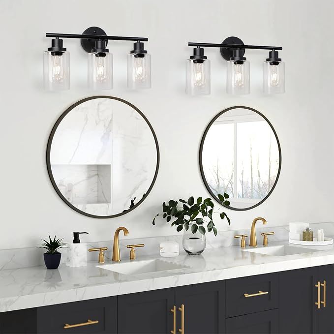 Unicozin Modern Bathroom Light Fixtures, 3 Light Vanity Lights, Black Wall Lamp with Clear Glass for Bathroom, Mirror, Living Room, Bedroom, Hallway, E26 Base