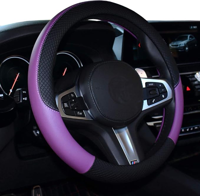 SHIAWASENA Car Steering Wheel Cover, Leather, Universal 15 Inch Fit, Anti-Slip & Odor-Free (Black&Purple)
