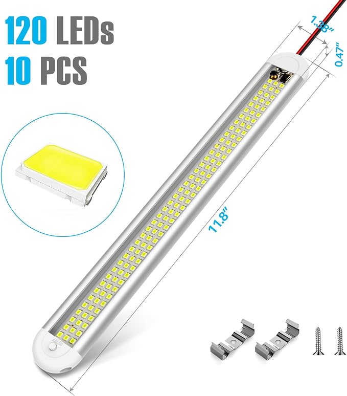 12v LED Interior Light Bar,CT CAPETRONIX 120LEDs 1500LM 8W DC 12 Volt led Strip Lights with ON/Off Switch,for Enclosed Cargo Trailer, Car RV Van Truck Lorry Camper Boat Caravan Motorhome (10Pack)