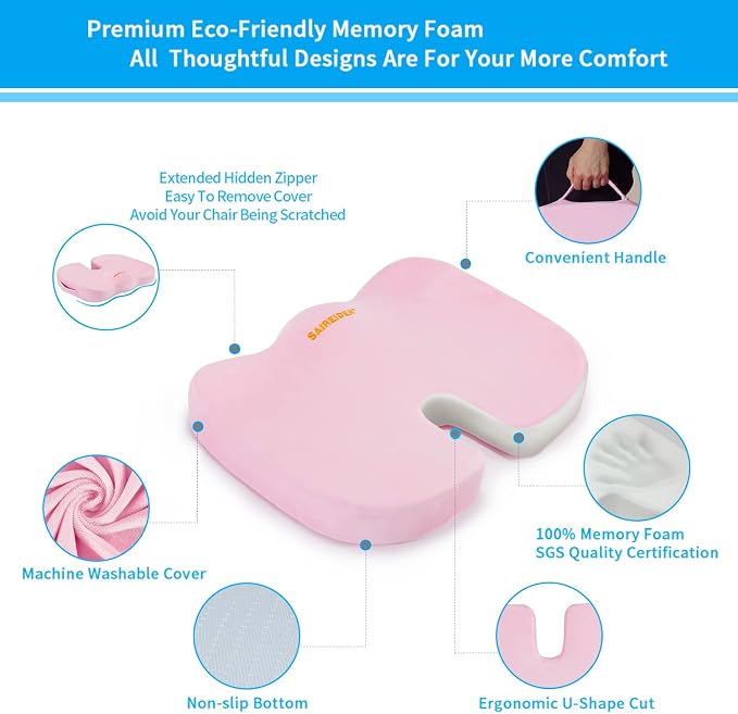 SAIREIDER Office Chair Cushion, Car Seat Cushion, Memory Foam Coccyx Cushion Pads for Tailbone Pain, Sciatica Relief Pillow, Correct Sitting Posture (Pink)