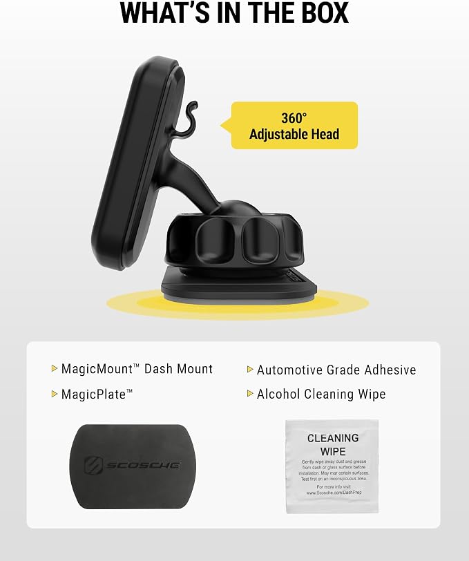 Scosche MAGDMB MagicMount Magnetic Phone Mount for Car, Dashboard Cell Phone Holder with 360° Adjustable Magnet Head, Universal Phone Stand for Car Compatible with iPhone, Samsung, and All Devices