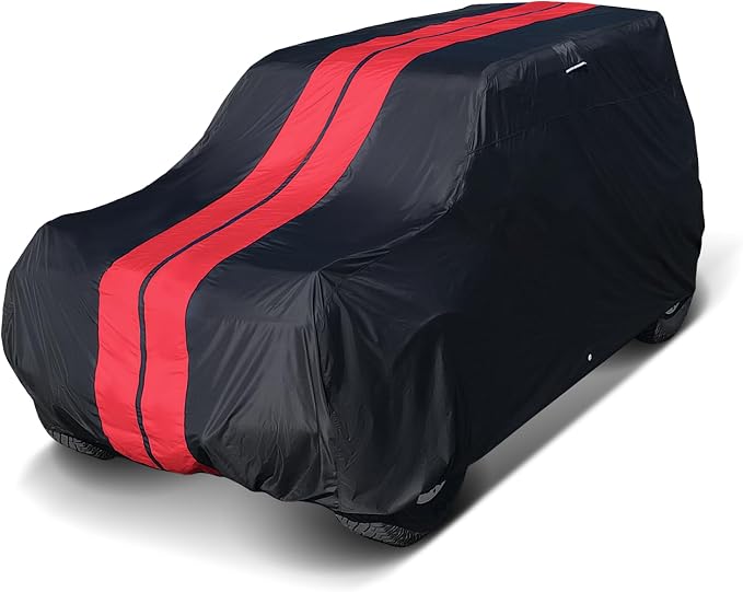 iCarCover Premium Heavy Duty SUV Car Cover - Waterproof All Weather Rain Snow UV Protection, CJ-5, Wrangler, FJ40, Tracker 2-Door, Sidekick 2-Door, Size S56 (See Size Chart), Stripe - Black/Red