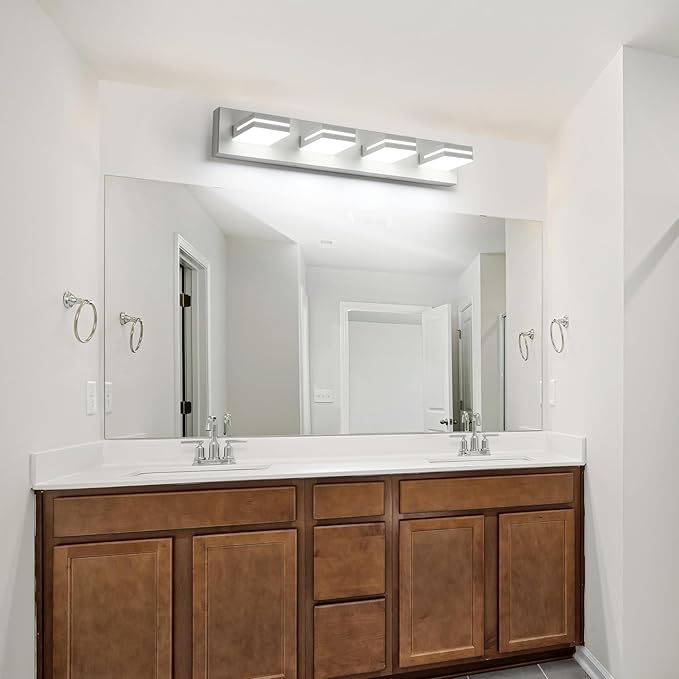 SineRise LED Modern Bathroom Vanity Light Fixtures (4-Light, 30-Inch), Matte White Modern Acrylic Bathroom Wall Lighting Fixtures Over Mirror (Cool White 6000K)