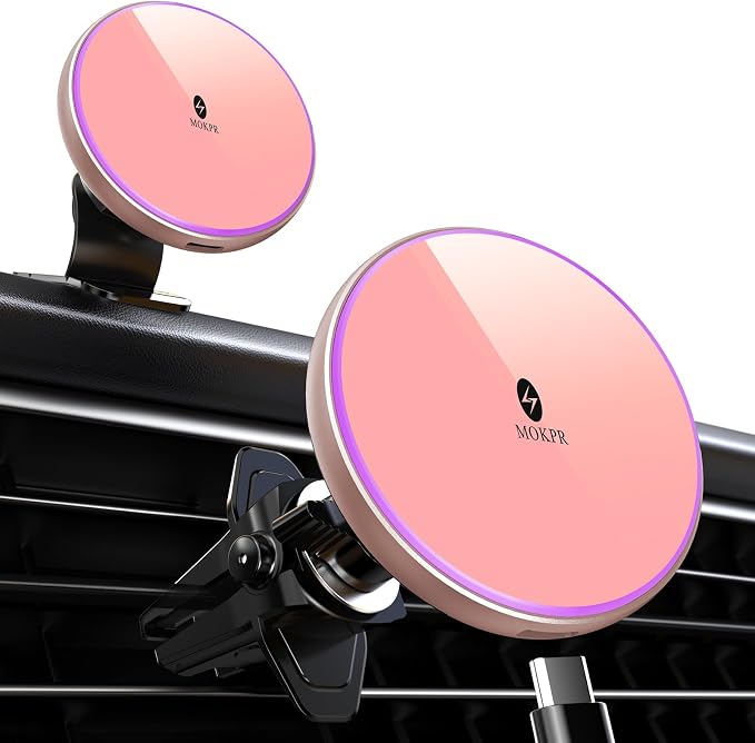 MOKPR for Magnetic Car Mount Charger-15W Wireless Car Charger-Magnetic Car Phone Holder for Dash Air Vent-LED RGB HandsFree Car Mount Fast Car Charger for iPhone 16 15/14/13/12 Pink