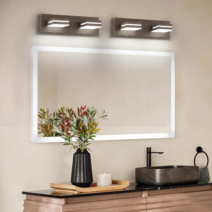 SineRise LED Modern Bathroom Vanity Light Fixtures (2-Light, 15.5-Inch), Brown Wood Painted Modern Acrylic Bathroom Wall Lighting Fixtures Over Mirror (Cool White 6000K)