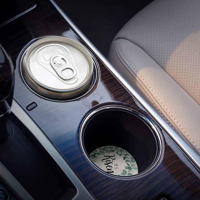 Car Coasters for Cup Holders 2.6"Dia Absorbent Coasters Set of 6 Car Interior Accessories for Women Men Spring Summer Eucalyptus Leaves Linen Bottom Ceramic Car Coaster for Drinks with Finger Grooves