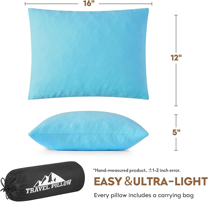 Small Shredded Memory Foam Pillow, Camping Pillow Travel Pillow - Compressible Medium Firm, Breathable Cover, Ideal Backpacking Hiking, Airplane and Car (Sky Blue, S)