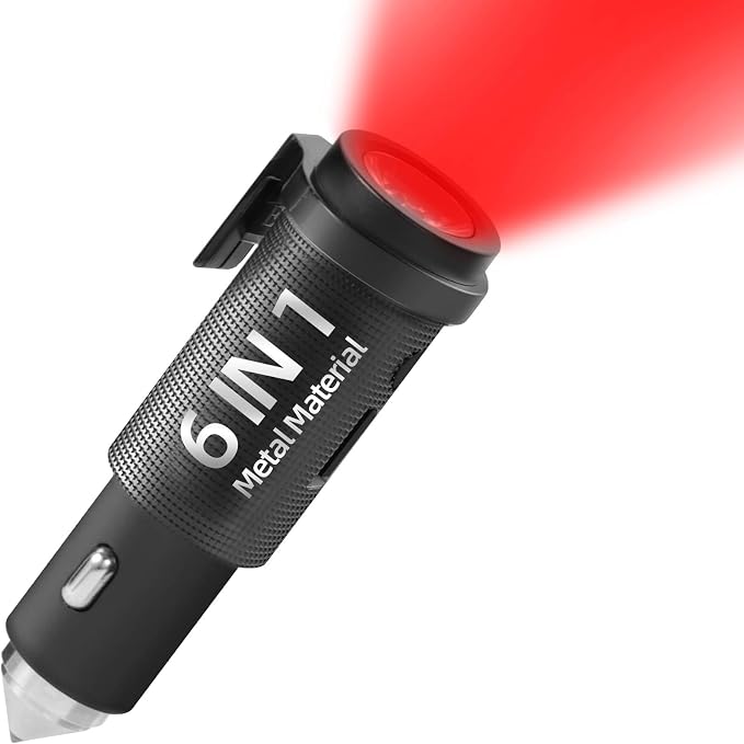 Car Window Breaker Tool, Window Breaker Seatbelt Cutter, Mini Metal Safe Hammer Car Window Breaker, 6 in 1 Car Emergency Kit Includes 18W USB Car Charger & 3-Colour LED Rechargeable Flashlight