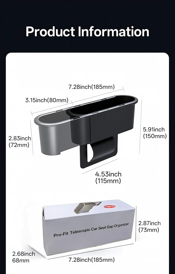 2-Pack Expandable Car Seat Gap Organizer, Adjustable 185-265mm | Driver & passenger side pockets, sliding gap storage box, fits phone keys wallet, seat gap filler set, stop drops
