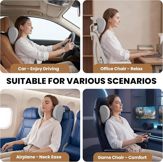 ZZ-WELL Car Headrest Pillow, Car Neck Pillow for Neck Pain Relief with Adjustable Strap, Memory Foam & Breathable Removable Cover, Travel Car Neck Pillow for Pain Relief While Driving (Grey, 2Pack)