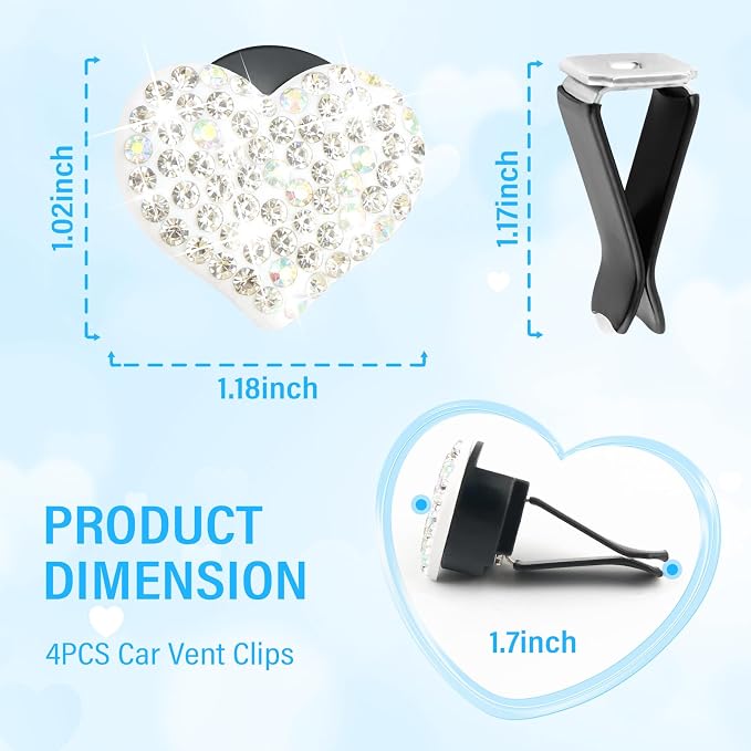 4PCS Bling Car Vent Clips with Rhinestone,Cute Heart Air Vent Clips for Interior Decorating,Shiny Air Vent Clips Car Accessories as Birthday Gifts for Women & Girls (White)