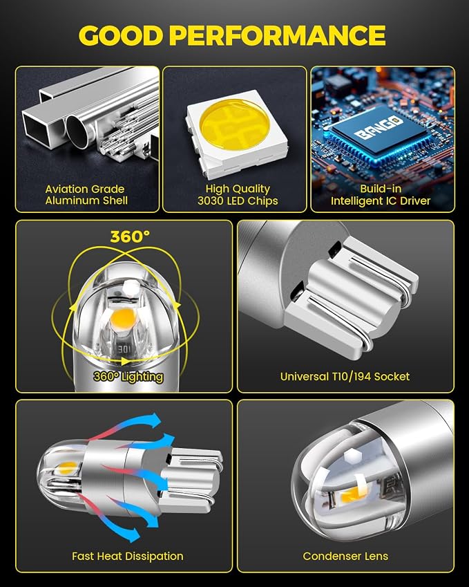 BANGO 194 LED Bulb, Super Bright 168 T10 2825 W5W LED Replacement Bulbs for Car Interior Dome Map Door Courtesy Trunk Side Marker License Plate Lights, Warm White (Pack of 10)