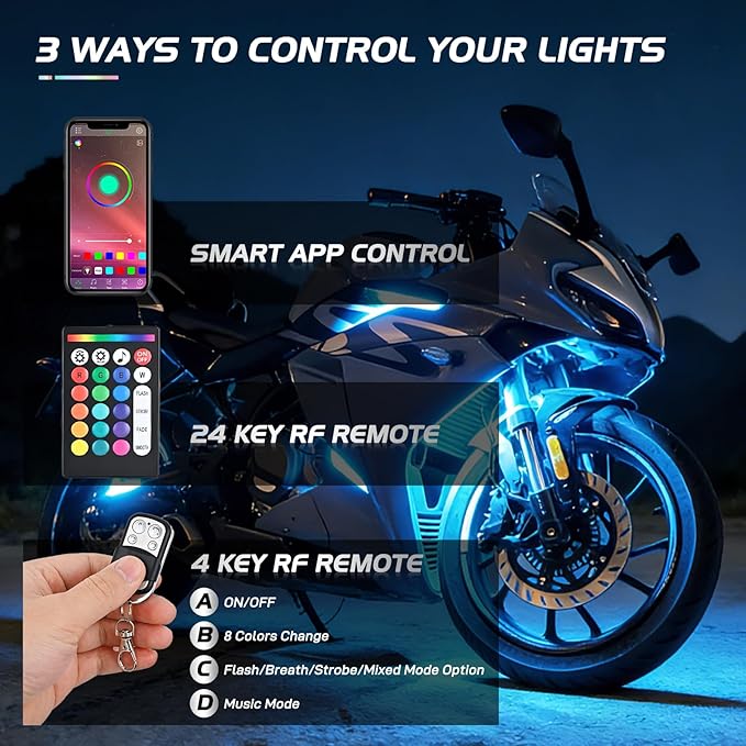 Nilight 8PCS Motorcycle RGB Led Light Kit Waterproof Multi Color Atmosphere Neon Accent APP and Remote Control Underbody Strips for Harley Davidson Honda Kawasaki Suzuki