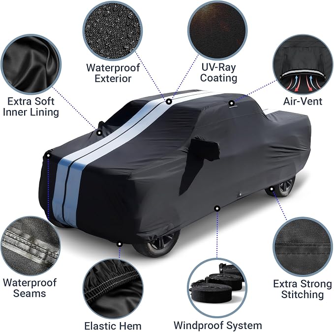 iCarCover Premium Heavy Duty Truck Car Cover - Waterproof All Weather Rain Snow UV Protection, Ram 1500, 2500, 3500, Silverado, Sierra 2500HD, 3500HD, Size T79 (See Size Chart), Stripe - Black/Gray