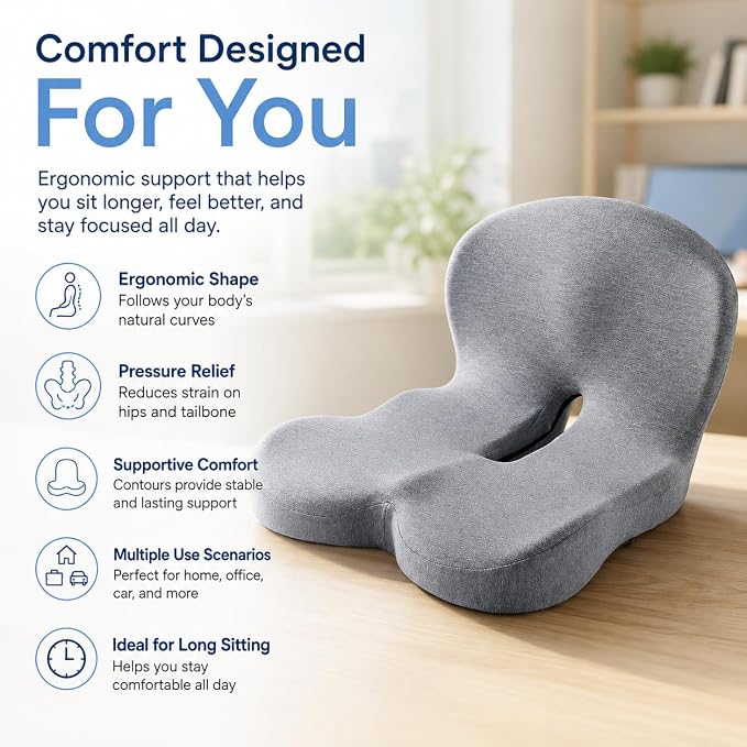 Orthopedic Memory Foam Car Seat Cushion for Sciatica & Back Pain Relief - Ergonomic Non-Slip Office Chair Cushion & Car Cushions for Long Driving with Lumbar Support, Universal Fit (Grey)