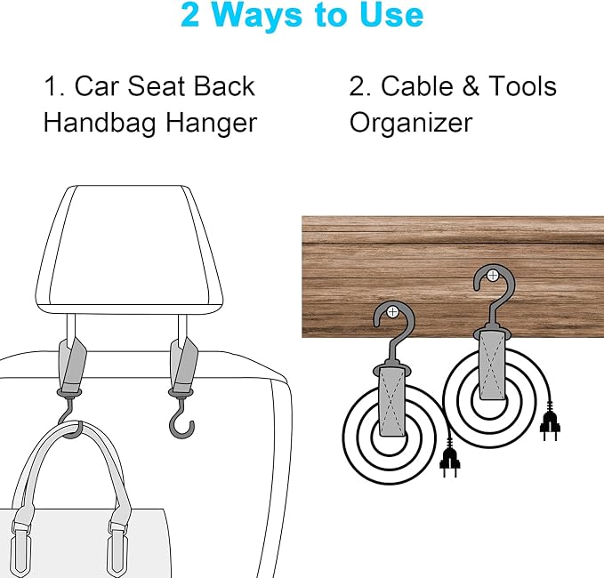 Wisdompro 4 Pack Car Seat Headrest Hook, Multi-Purpose Hanger for Stroller | Adjustable & 360° Rotating, Large to Hang Grocery Bag, Garment Bag, Handbag, Purse, Coat, Clothes, Traveling, Sports, Black