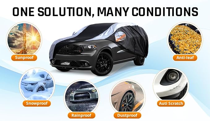 Dodge Durango Car Cover Waterproof All Weather with Silver Strip Design, Custom Fit for Dodge Durango 2005–2025, Durango Accessory with Door Zipper & Windproof Straps
