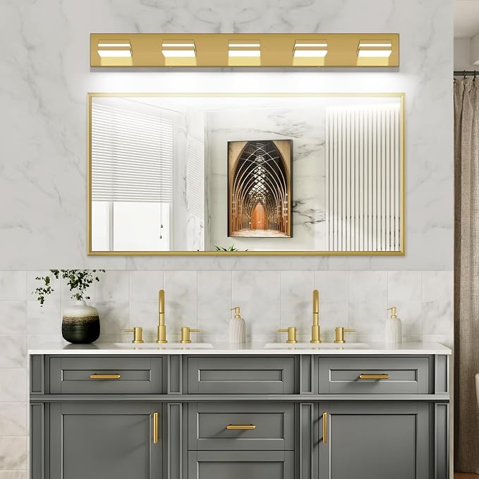 SineRise LED Modern Bathroom Vanity Light Fixtures (5-Light, 40-Inch), Brass Modern Acrylic Bathroom Wall Lighting Fixtures Over Mirror (Cool White 6000K)