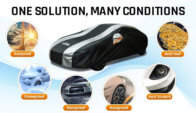 Small Car Cover Waterproof All Weather Protection with Silver Stripe Design,Universal Fit Nissan Versa, Hyundai Accent, Kia Rio Sephia,Audi A3 80 90, Honda City Insight