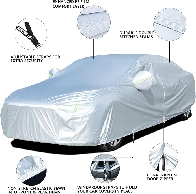 Tecoom Light Shell Waterproof UV-Proof Windproof Design Car Cover with Zipper Storage and Lock for All Weather Indoor Outdoor Fit 160-172 Inches Hatchback
