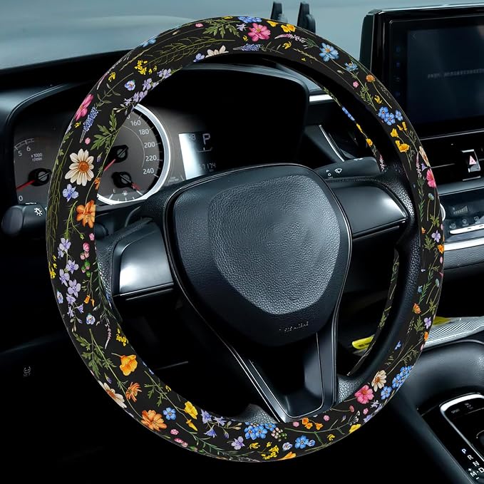 Wildflower Steering Wheel Cover for Women Men, Anti-Slip Breathable and Sweat Absorption Universal 14.5-15 Inch Cute Steering Wheel Protector, Wildflower Floral Car Accessories