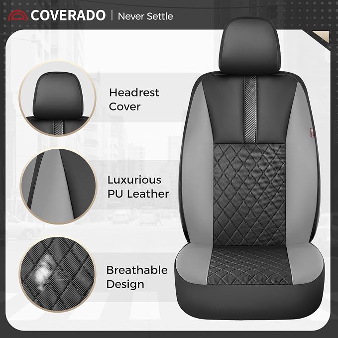 Coverado Car Seat Covers Front Pair, Automotive Leather Seat Covers for Car,Universal Fit Front Back Seat Cover, Non-Slip Waterproof Breathable Car Seat Protector