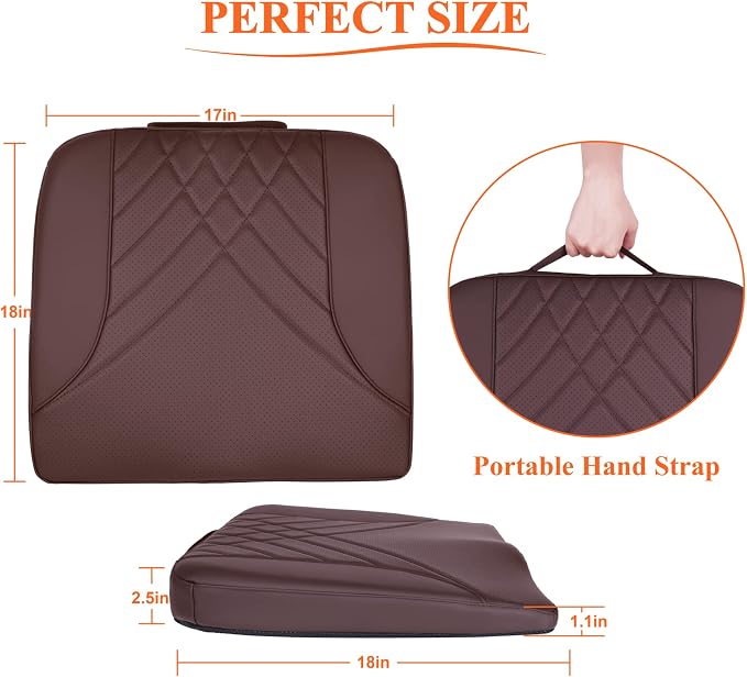 kingphenix Premium Car Seat Cushion, Memory Foam Driver Seat Cushion to Improve Driving View- Coccyx & Lower Back Pain Relief - Seat Cushion for Car, Truck, Office Chair (Leather Brown)