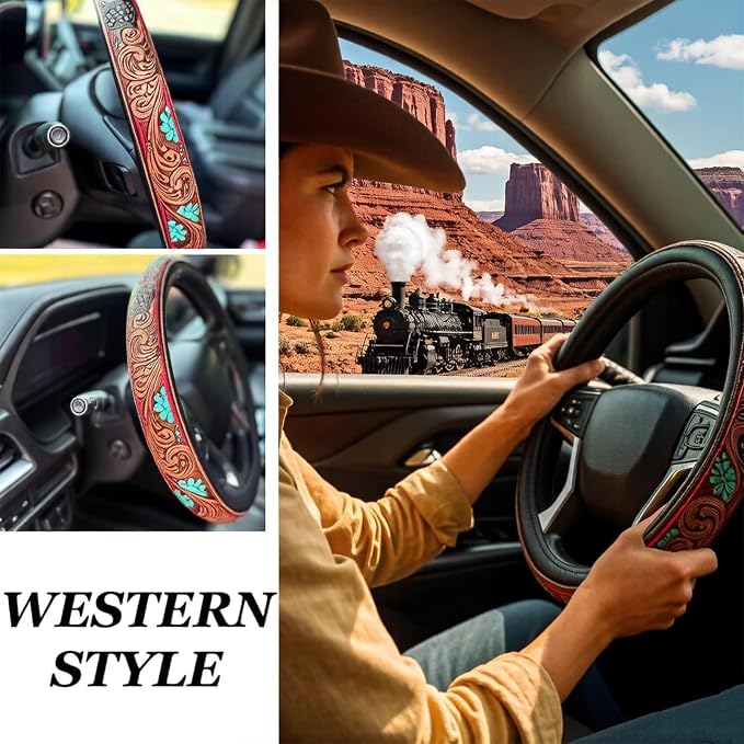 Western Cowboy Steering Wheel Cover - Retro Tooled Leather, Embossed Hand-Painted Design, Universal 15 Inch Anti-Slip Cover for SUV, Truck, Car, Breathable All-Weather, Easy to Install (Style-C)
