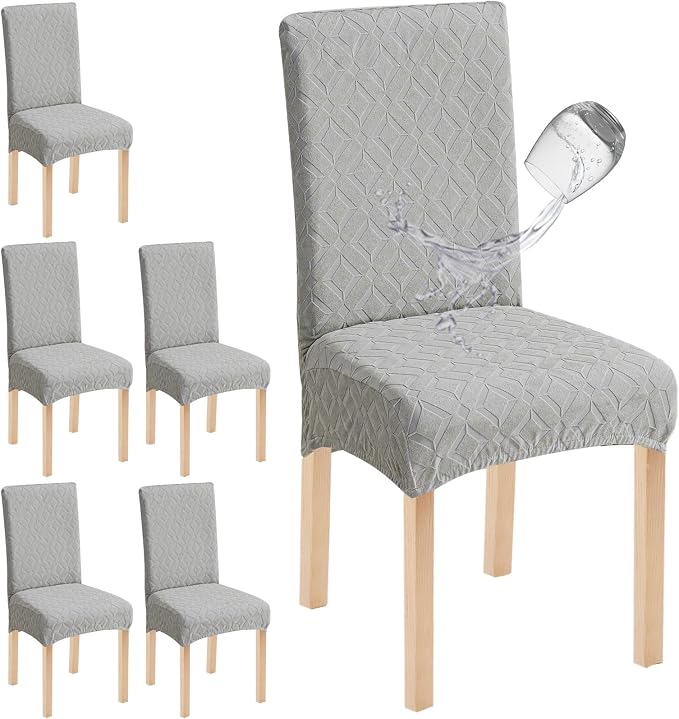 Genina Waterproof Chair Covers for Dining Room Set of 6, Removable Washable Chair Slipcover Protectors, Large Light Gray