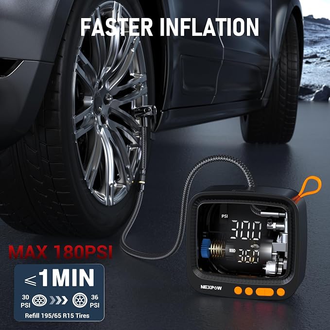 NEXPOW Tire Inflator Portable Air Compressor, 180 PSI Cordless Air Pump for Car Tires with Digital Pressure Gauge & Auto Shut-Off, Air Compressor Portable for Car, Motorcycle, Bicycle, Ball, Orange