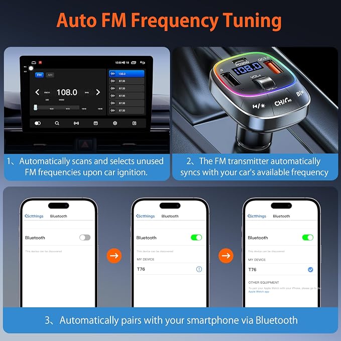 Redroman USB C Bluetooth 5.4 Car Adapter for Hands-Free Calling & 48W Fast Charging, Wireless FM Transmitter Audio Receiver with USB Playback and 7-Color LED Backlit, Type-C PD Charger for All Cars