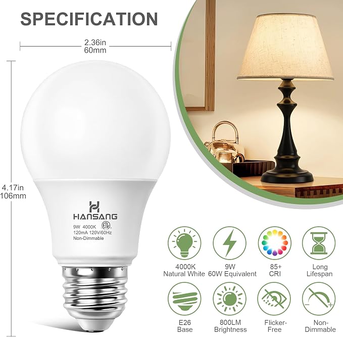 4 Pack A19 LED Light Bulbs, 60W Equivalent, 4000K Natural White LED Bulb with E26 Standard Base, Efficient 9W, Non-Dimmable, 800 Lumens, 120V, CRI 85, Eye-Friendly for Bedroom Living Room