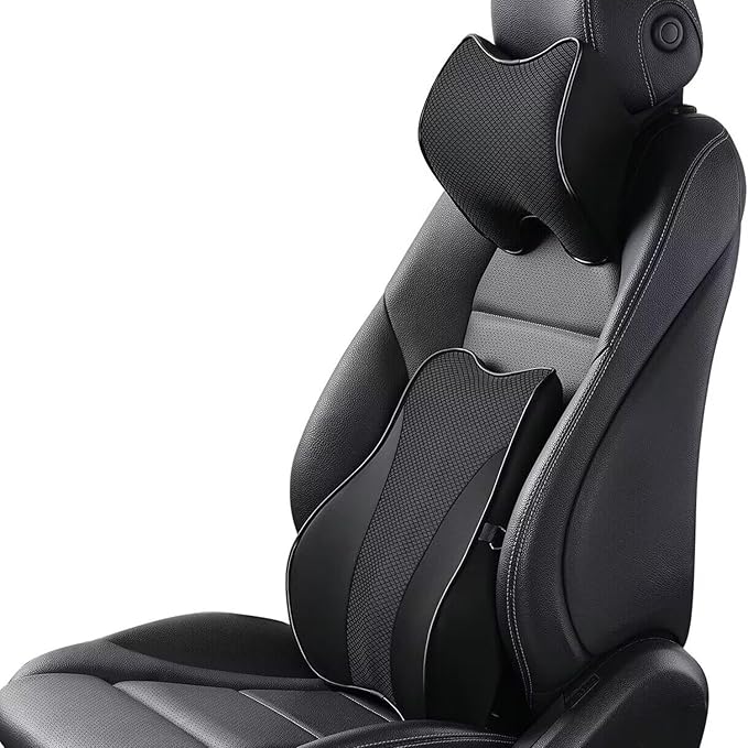 Lumbar Support and Car Neck Pillow for Office Chair and Car Seat ,Softness Memory Foam Erognomic Seat Cushion with Adjustable Strap,Comfortable Ergonomic Design (Black, Polyester)
